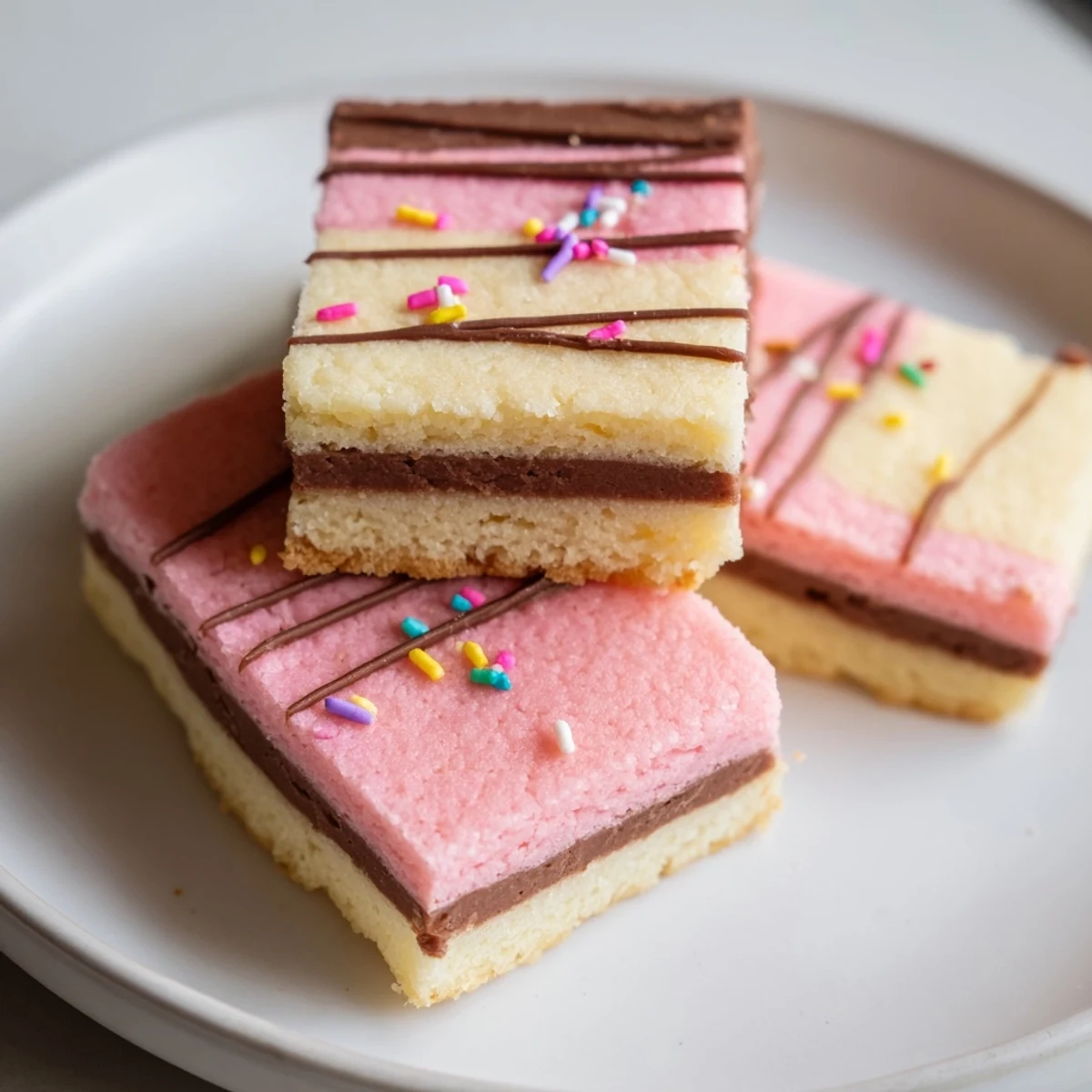 Colorful Neapolitan cookies with chocolate, vanilla, and pink strawberry layers on a rustic baking sheet