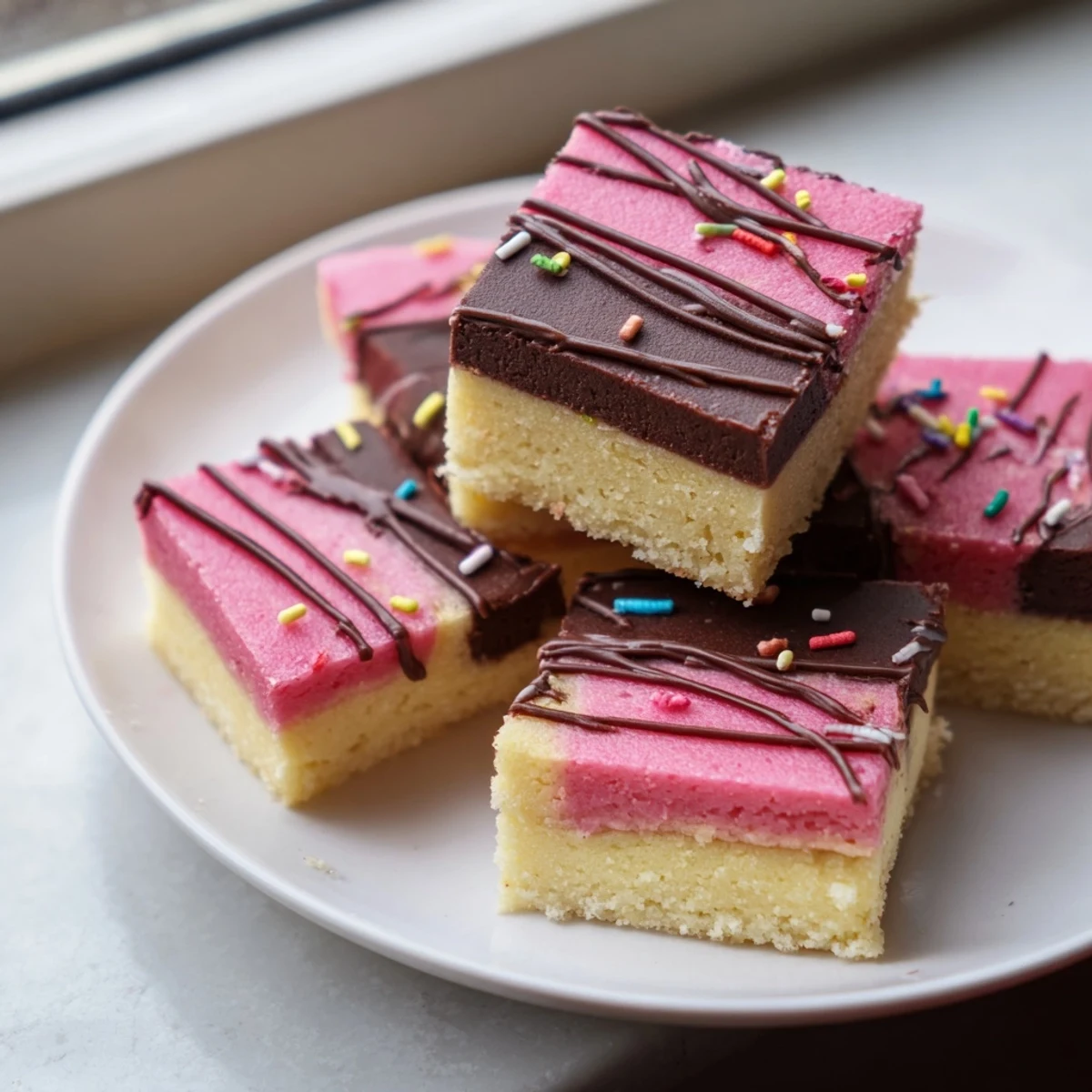 Neapolitan cookies sliced into neat squares drizzled with melted chocolate and colorful sprinkles