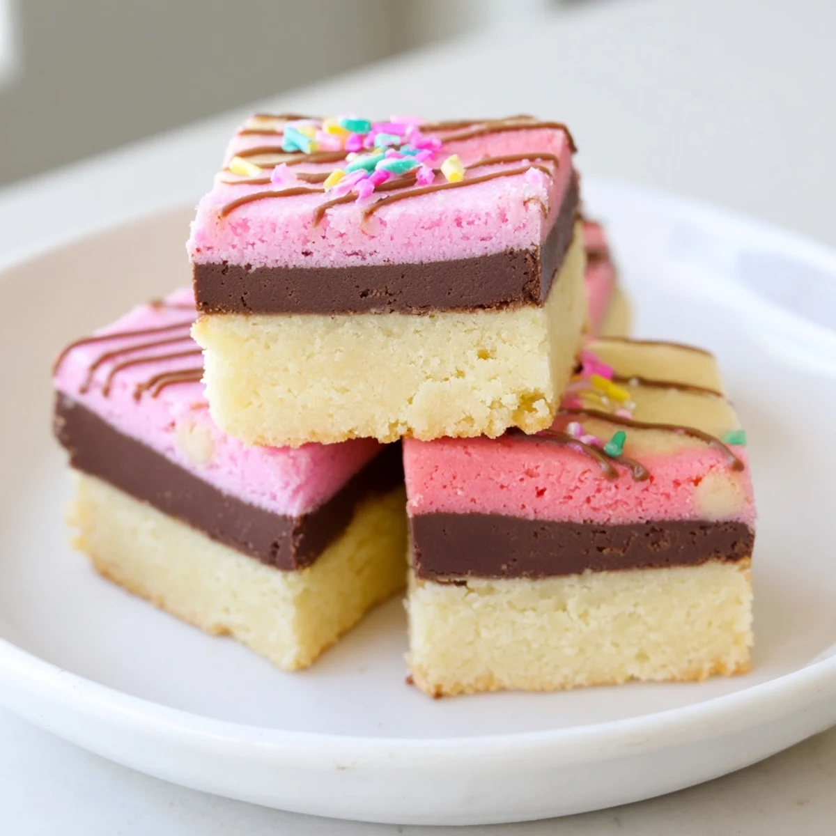 Tri-colored Neapolitan cookies stacked on a white plate showcasing fudgy, vanilla, and berry layers