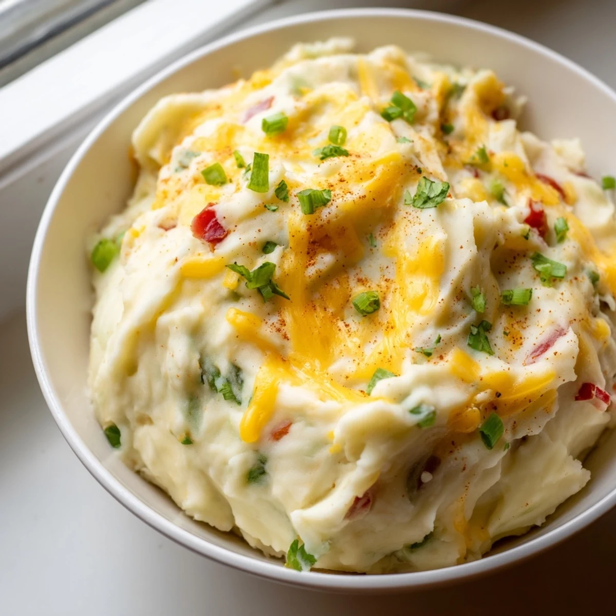 Creamy Tex Mex mashed potatoes topped with melted cheddar and fresh cilantro