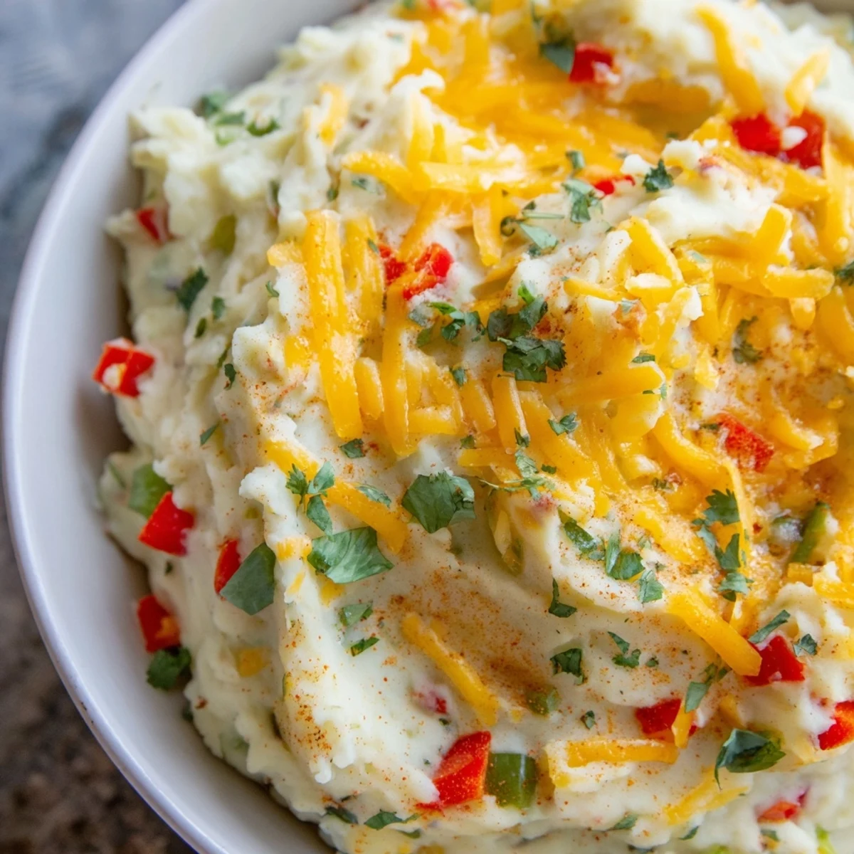 Spiced Tex Mex mashed potatoes studded with sautéed peppers and jalapeño