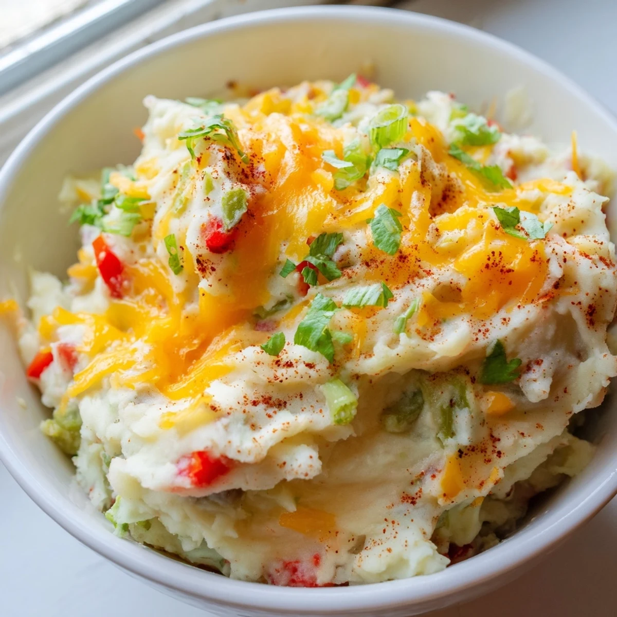 Golden Tex Mex mashed potatoes served steaming in a rustic bowl with garnish