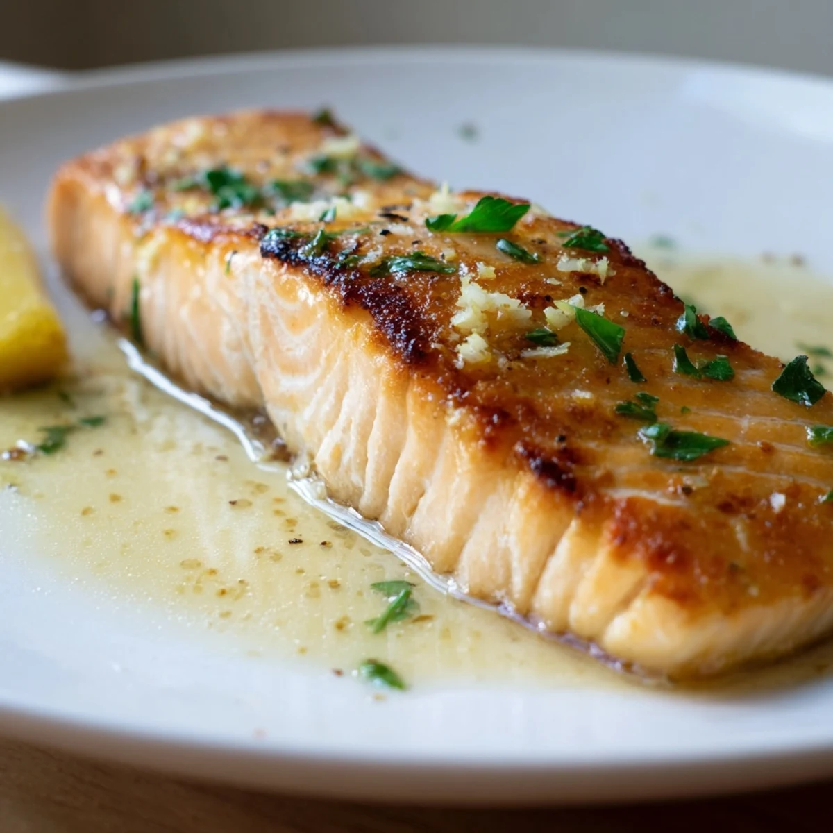 Golden garlic butter salmon fillet drizzled with rich, lemony pan sauce on a plate
