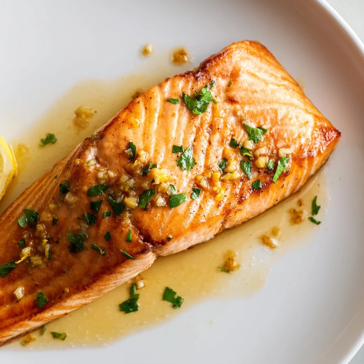 Crispy-skinned garlic butter salmon sizzling in a skillet with fresh parsley and lemon