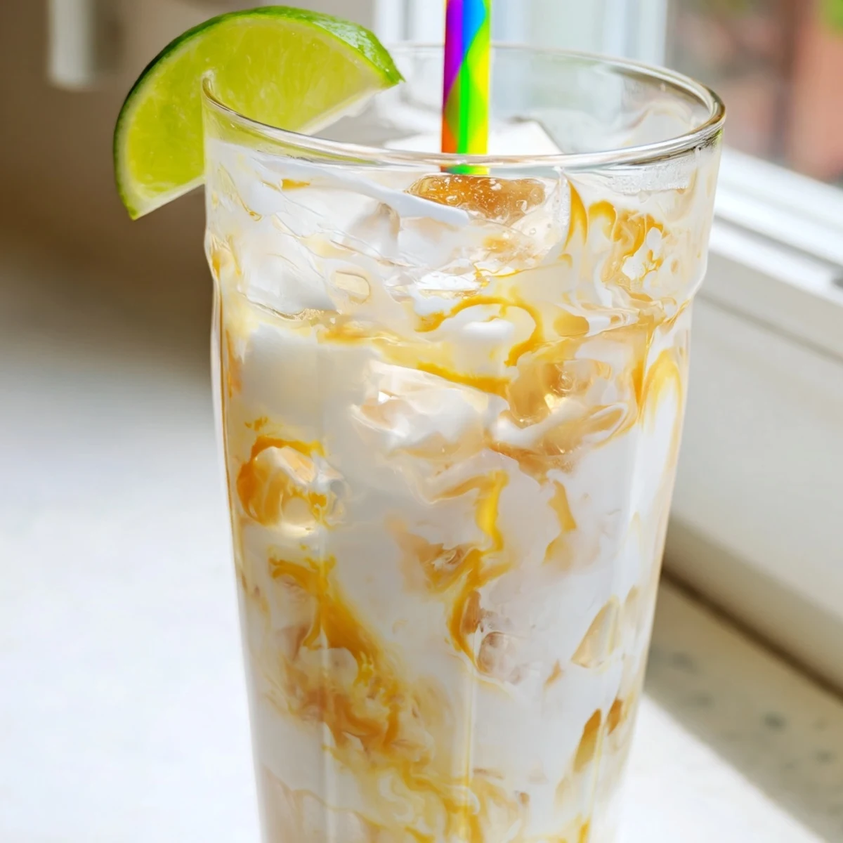 Creamy coconut and mango swirl through this Tropical Thunder Dirty Soda served over crushed ice