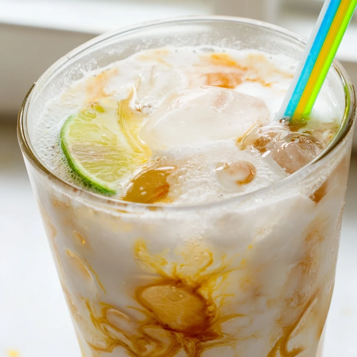 Tropical Thunder Dirty Soda in a tall glass with marbled creamy layers and fresh lime garnish