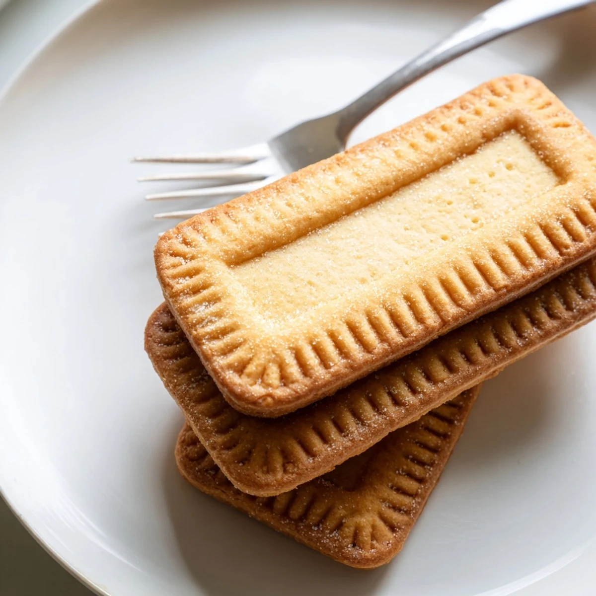 Crispy Petit Beurre cookies with fork-dotted edges stacked beside a steaming cup