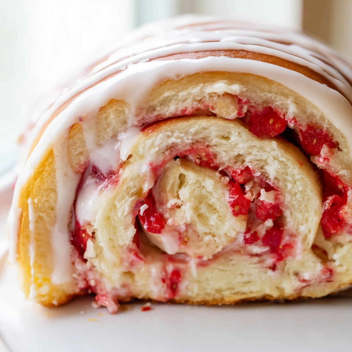 Soft swirled strawberry cheesecake rolls fresh from the oven with creamy filling