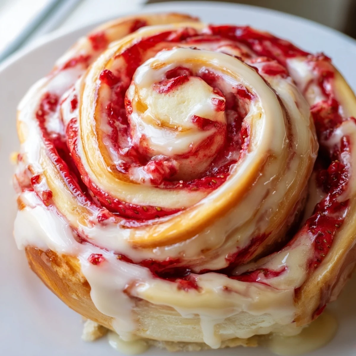 Golden strawberry cheesecake rolls drizzled with sweet vanilla glaze on a rustic plate