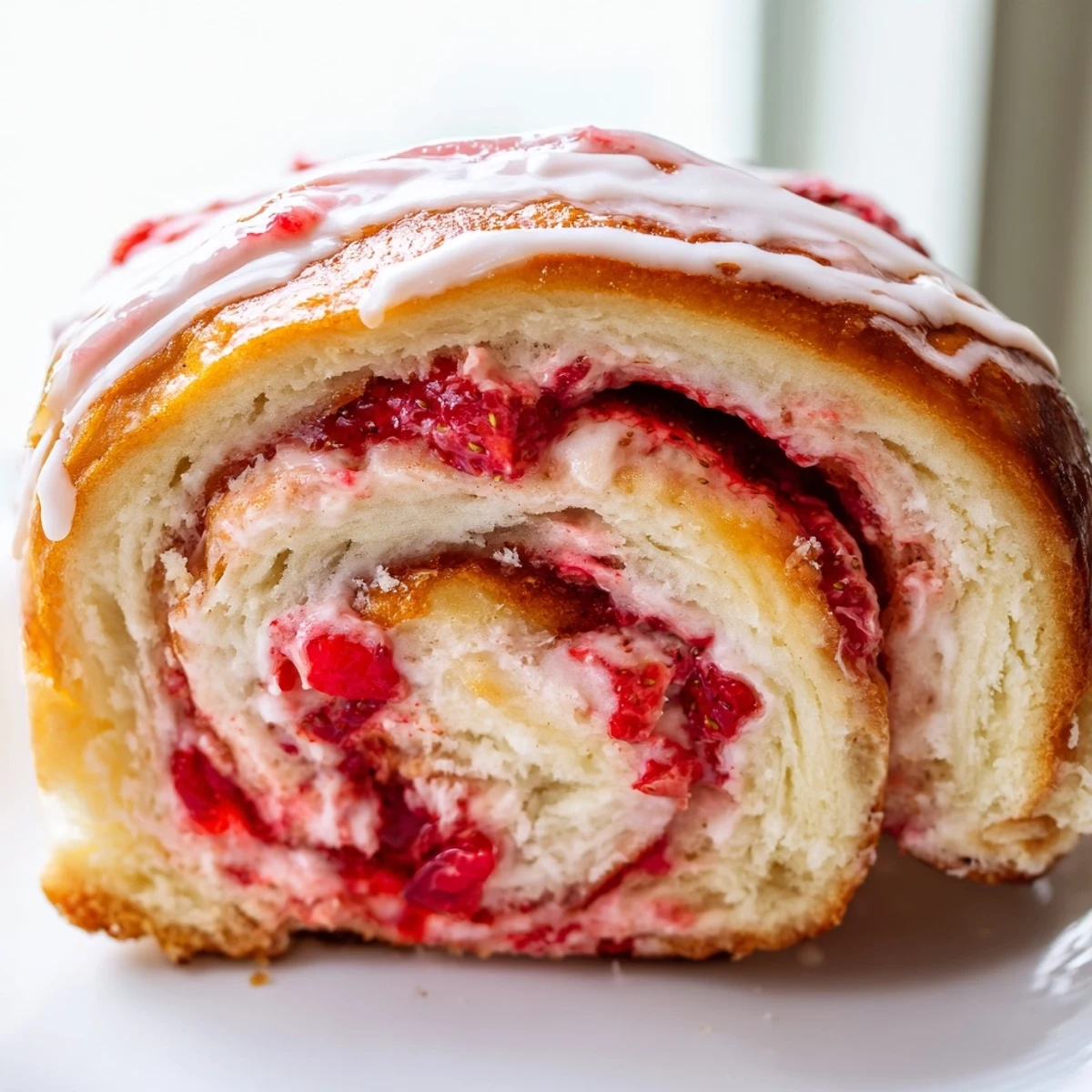 Warm strawberry cheesecake rolls topped with glossy icing served on a white dish