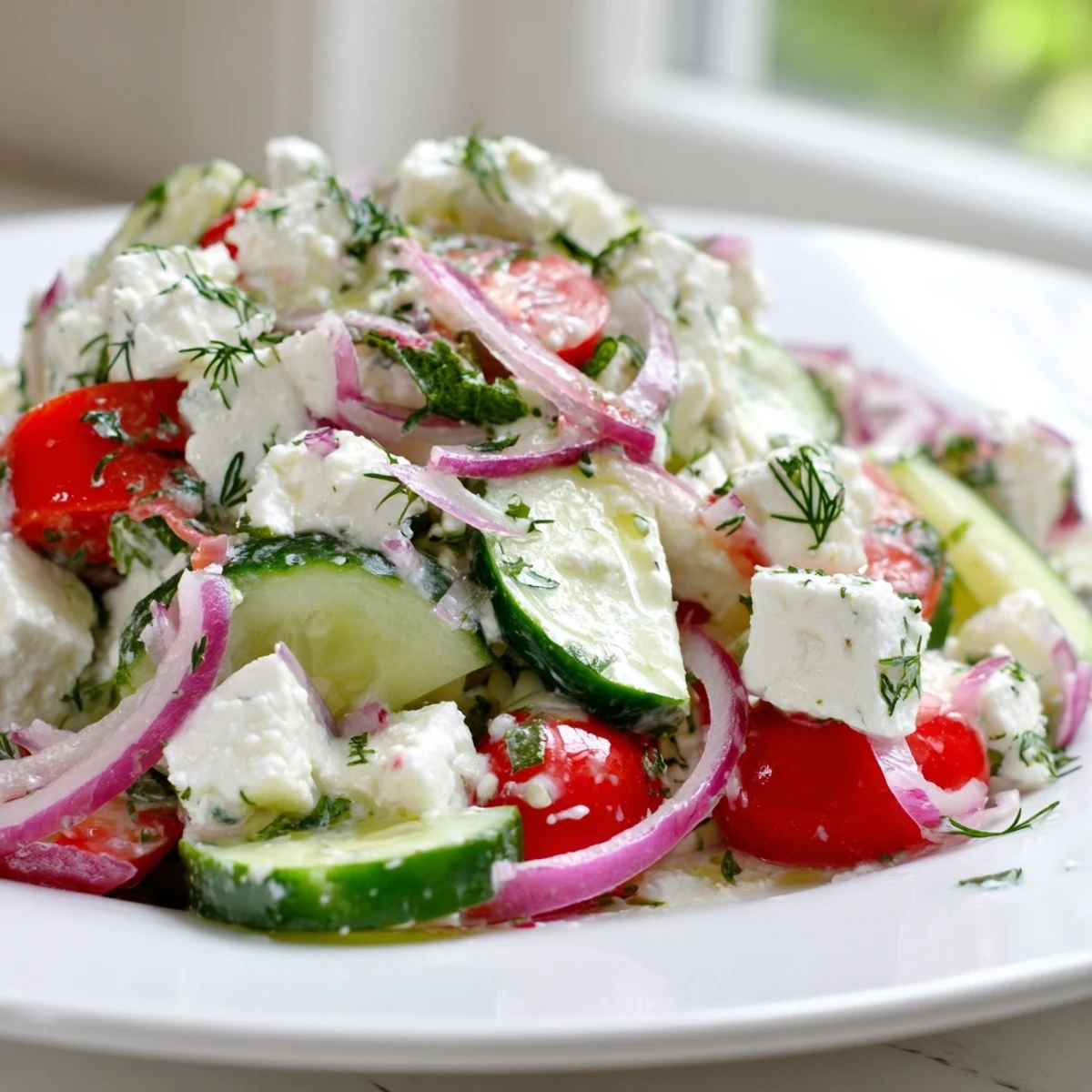 Creamy feta coats crisp cucumber slices and fragrant fresh dill in this chilled Feta Cucumber Herb Salad