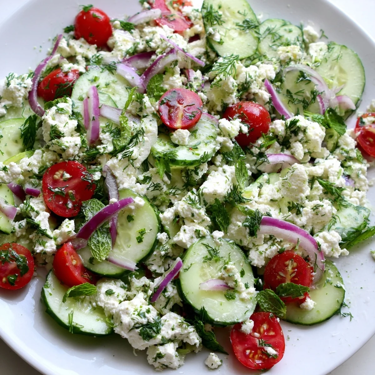 Feta Cucumber Herb Salad topped with crumbled cheese and bright cherry tomatoes on a rustic plate