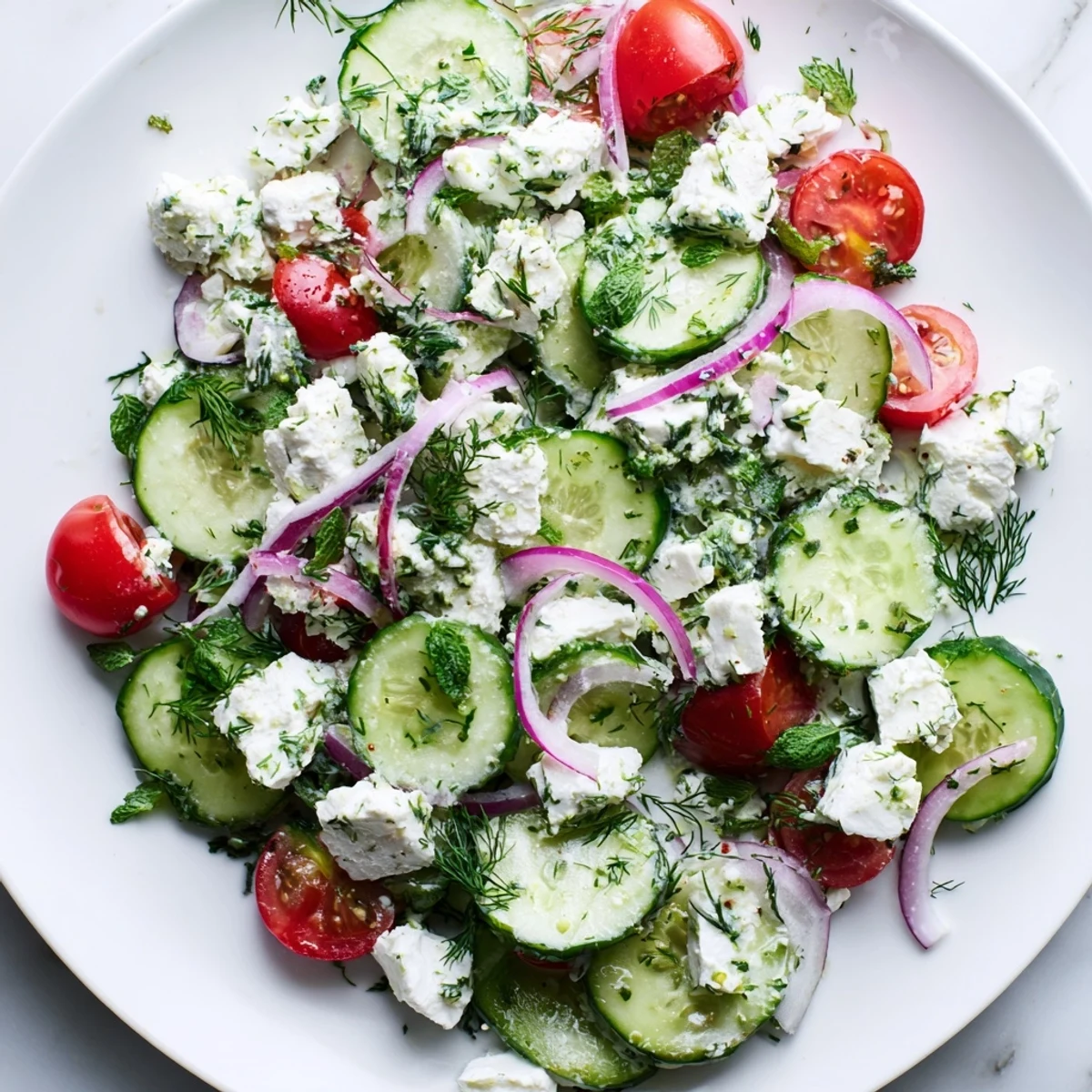 Feta Cucumber Herb Salad served in a white bowl garnished with torn mint and a lemon wedge