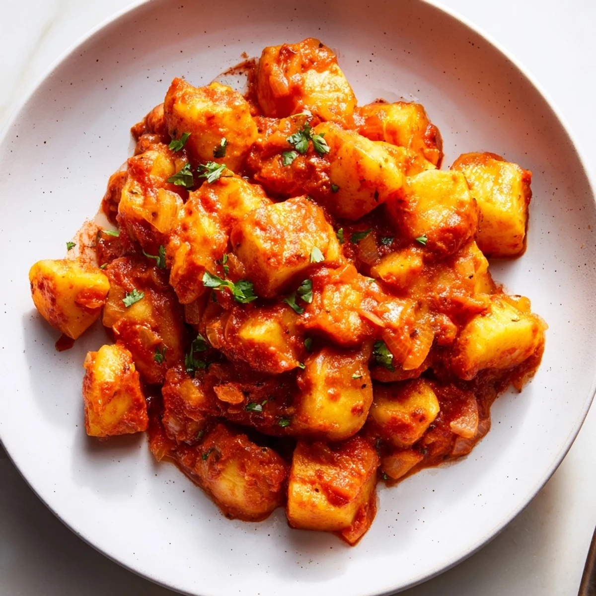 Steaming plate of Papas Con Chile with tender potatoes in rich red chile sauce