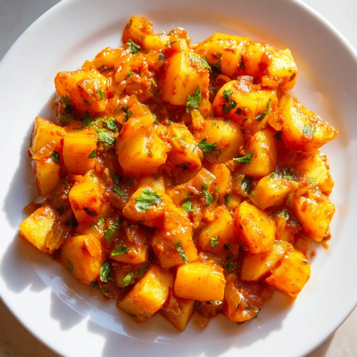 Golden potato cubes simmered in spicy tomato chile sauce garnished with fresh cilantro