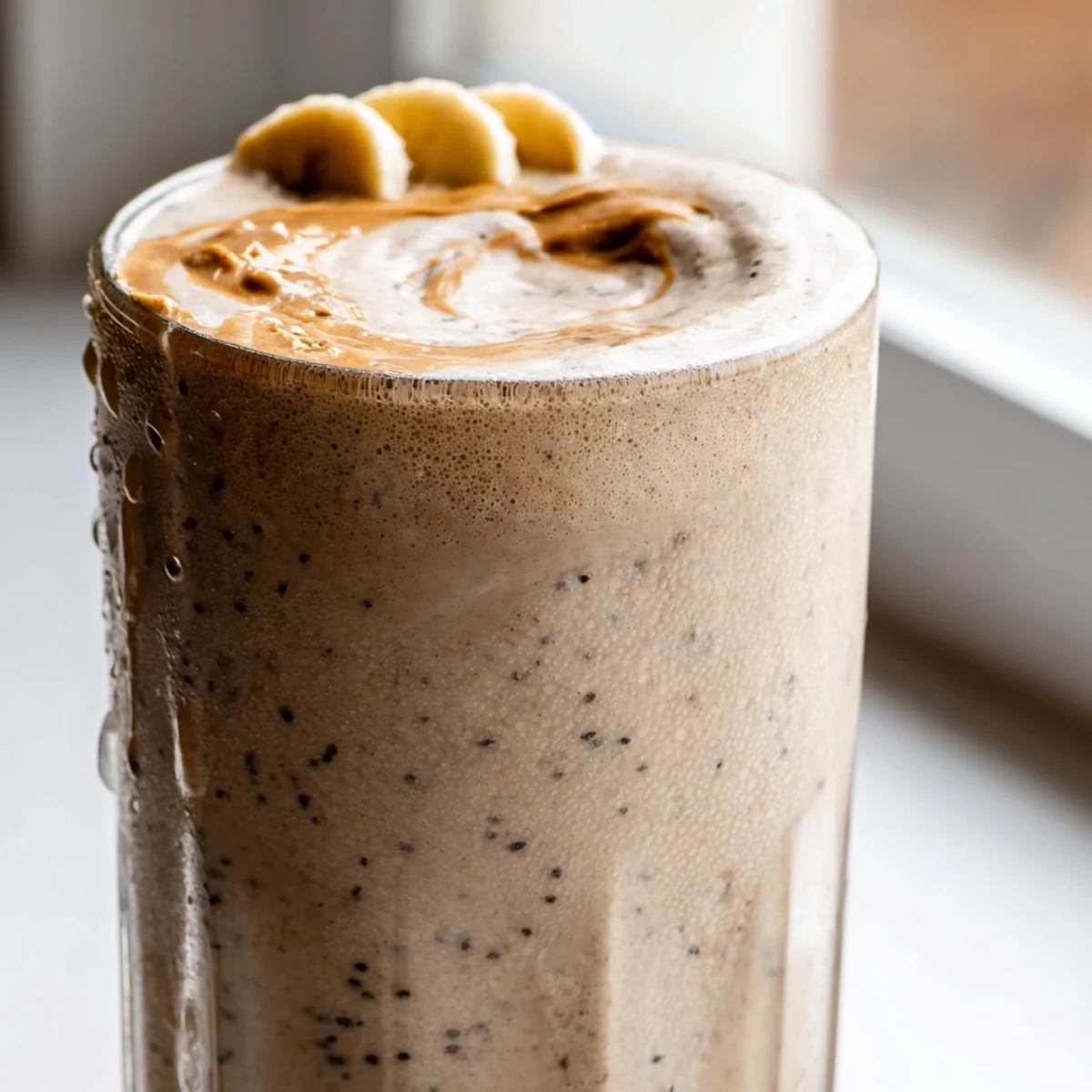 Thick blended banana protein coffee smoothie served in a tall clear glass