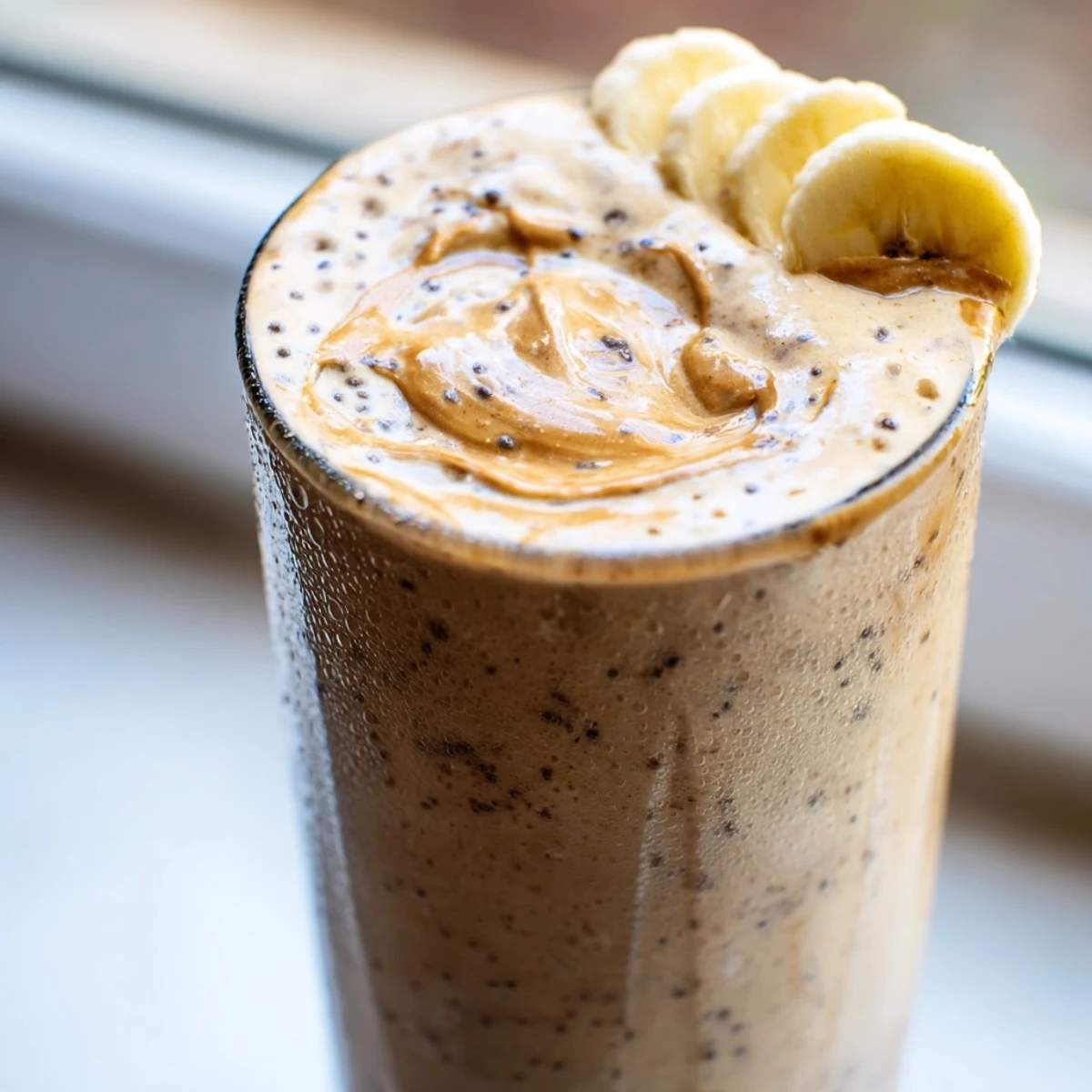 Creamy banana protein coffee smoothie topped with a frothy golden foam swirl
