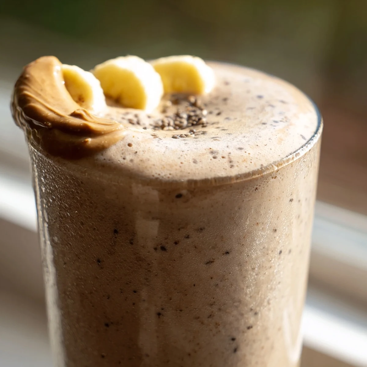 Frosted glass of banana protein coffee smoothie garnished with a cinnamon sprinkle