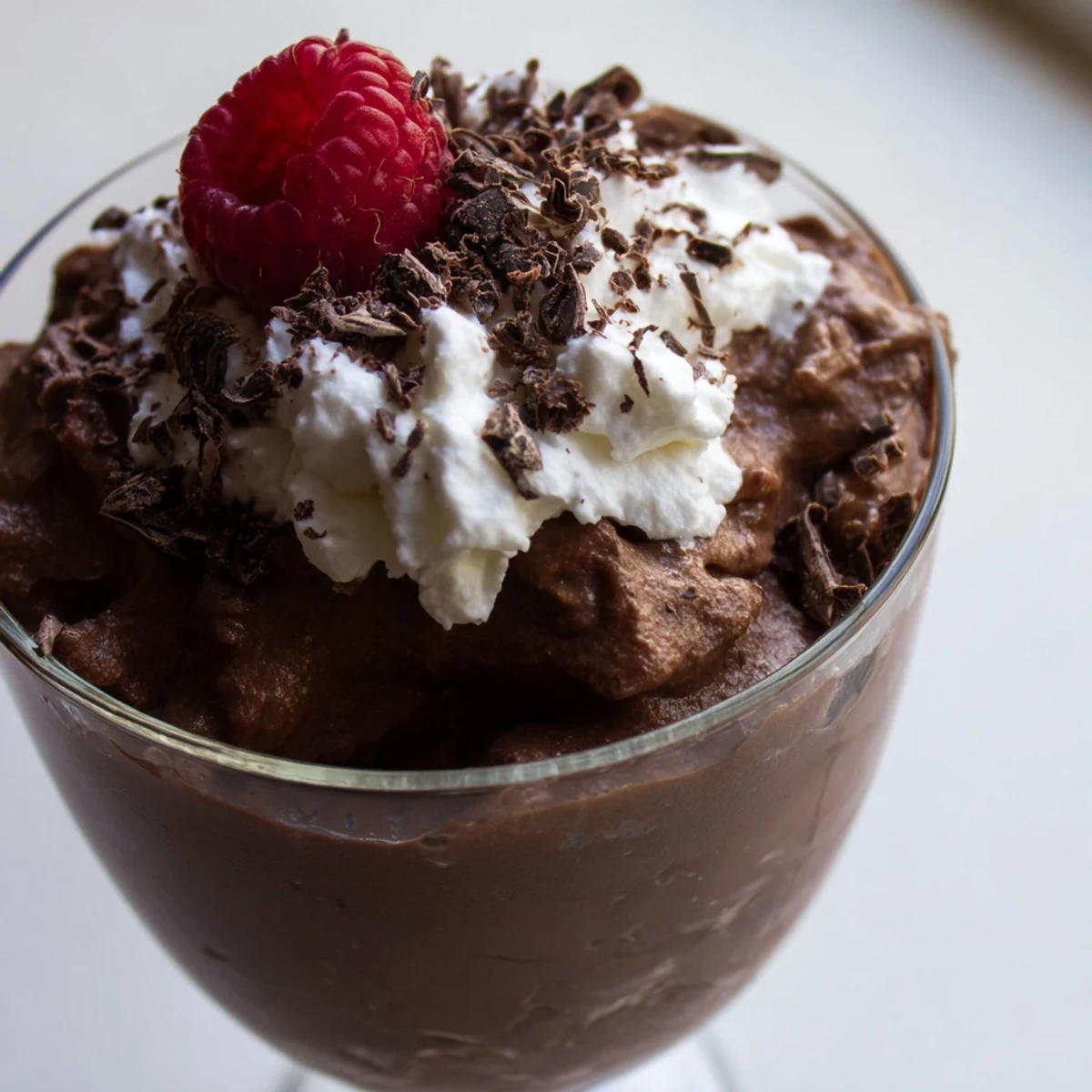 Silky chocolate mousse served in elegant glasses topped with fluffy whipped cream