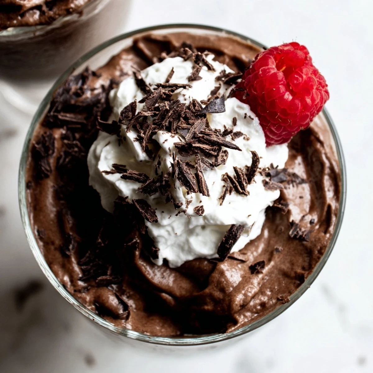 Rich and airy chocolate mousse garnished with dark chocolate shavings and berries