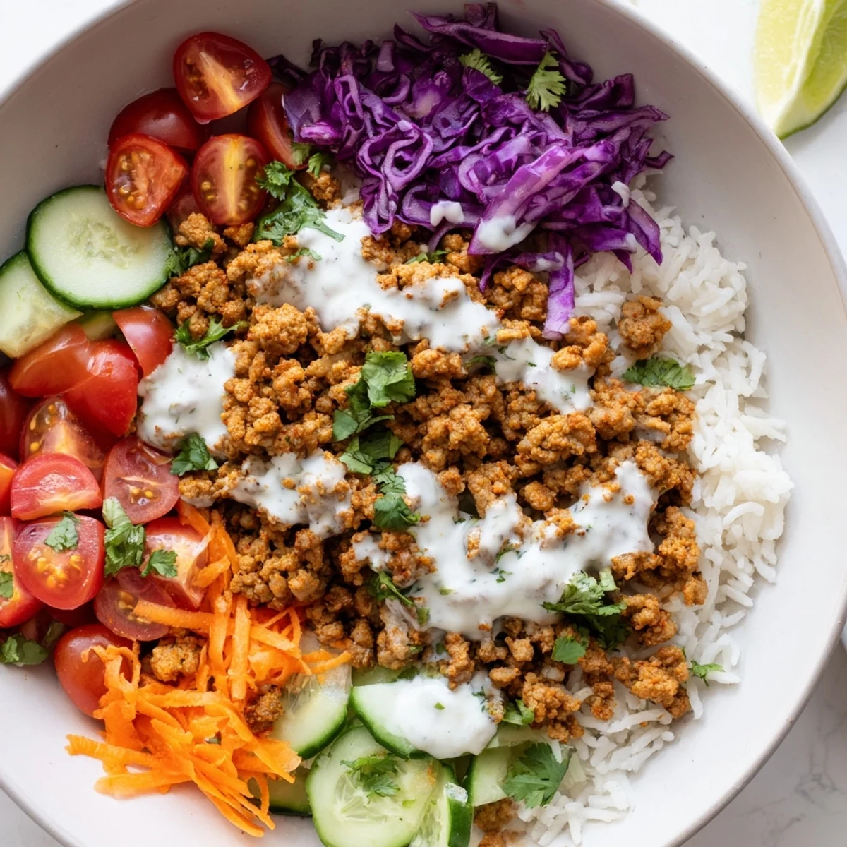 Spiced Turkey Rice Bowls topped with colorful fresh vegetables and creamy yogurt sauce