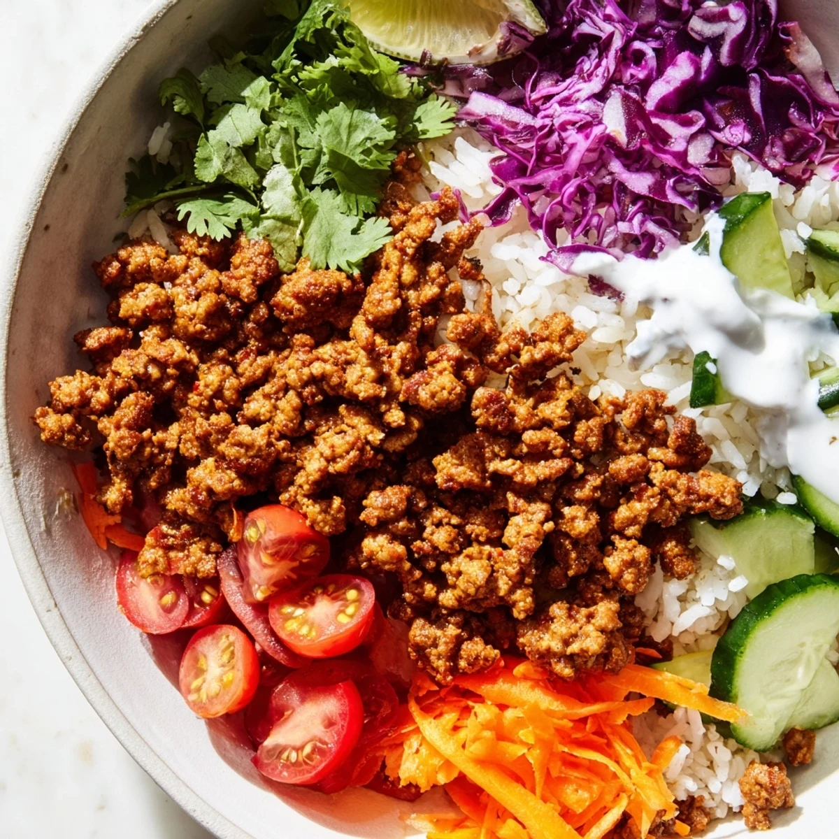 A close-up of spiced turkey rice bowls drizzled with tangy sauce and crisp veggies