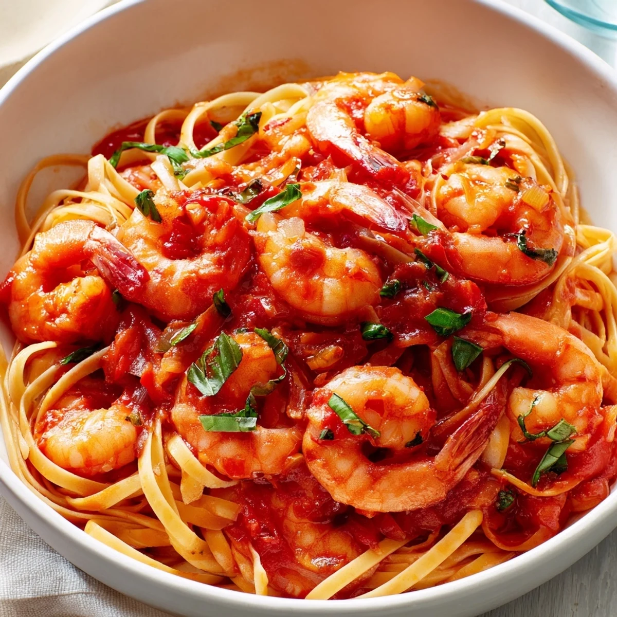 Spicy shrimp fra diavolo in a rich, glossy red tomato sauce with fresh parsley
