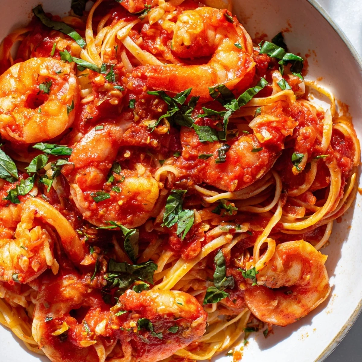 Plump shrimp fra diavolo served over tender linguine with a sprinkle of basil