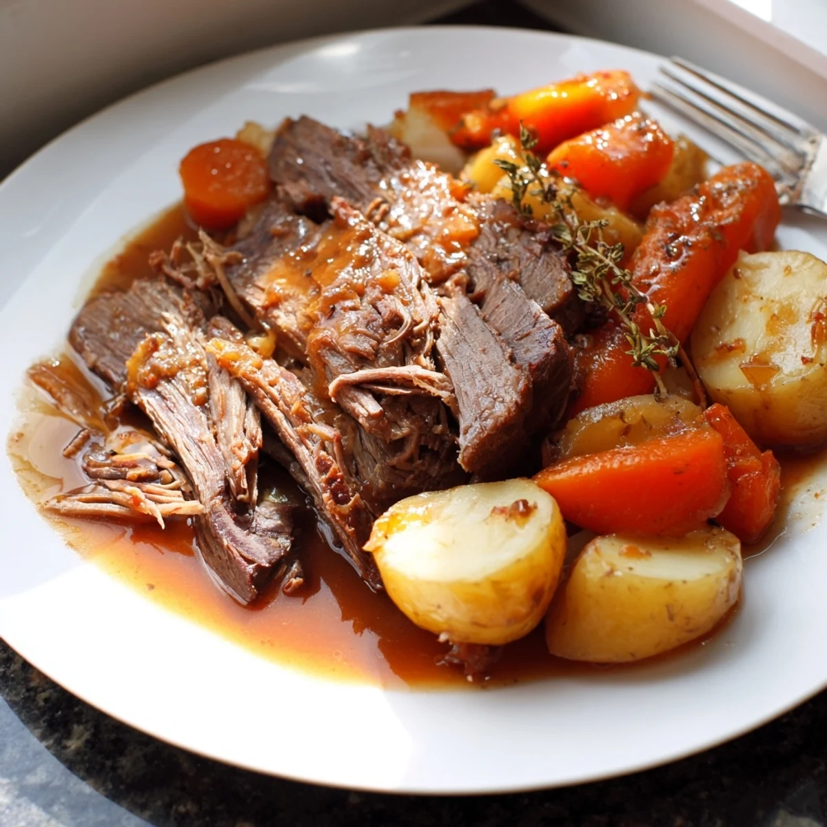 Tender perfect pot roast surrounded by golden potatoes and carrots in rich brown gravy
