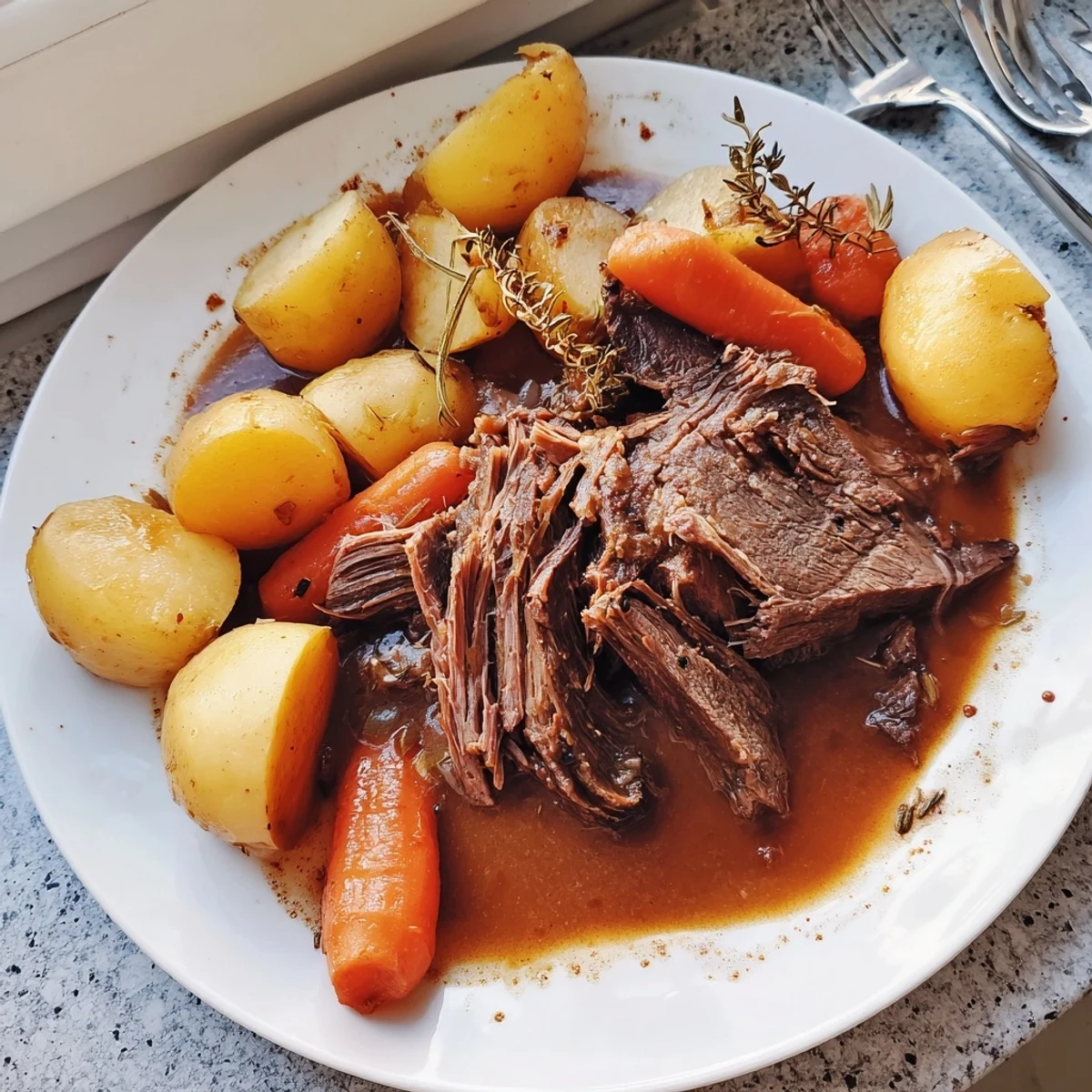 Perfect pot roast sliced thick and drizzled with savory pan juices alongside caramelized root vegetables