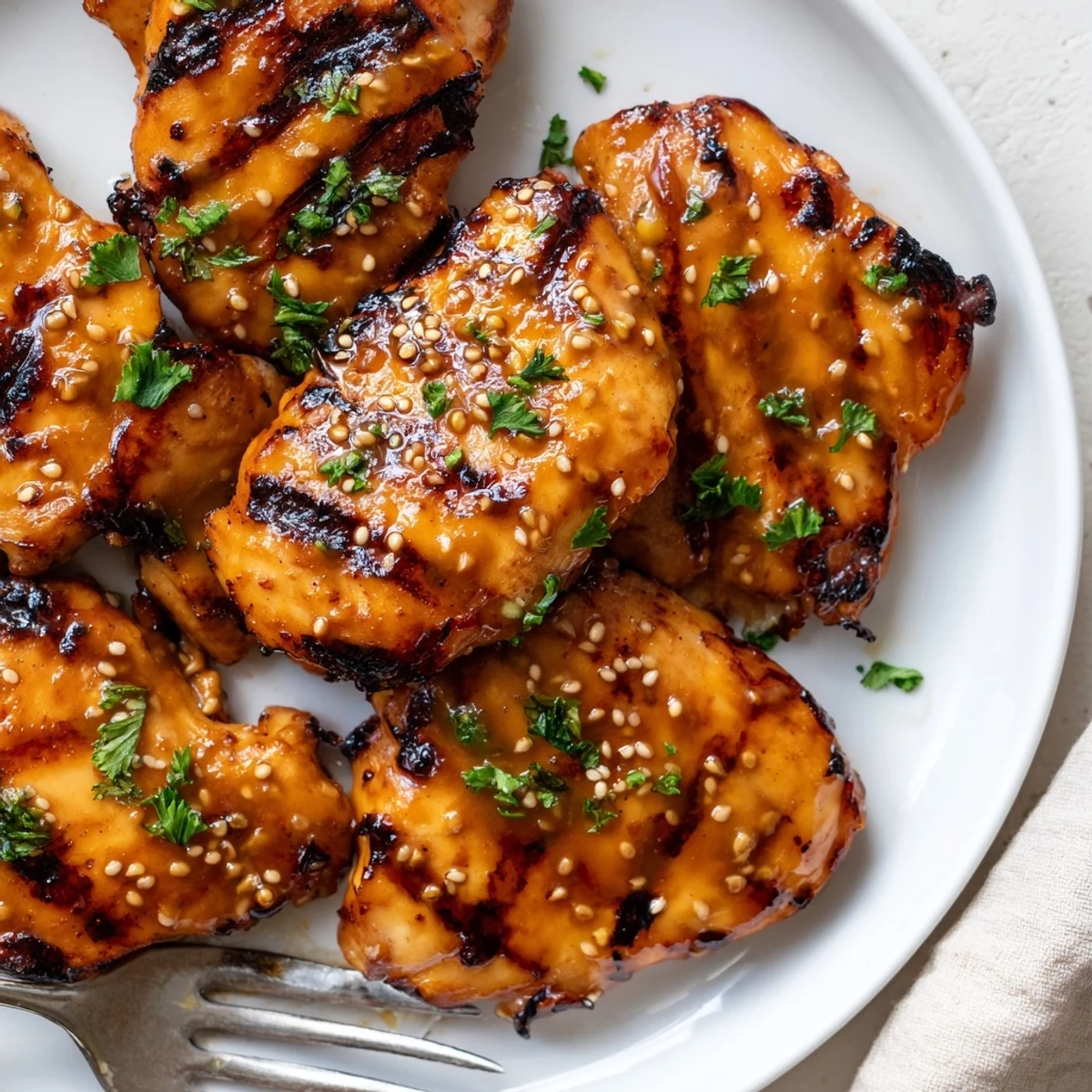 Juicy grilled honey mustard chicken sliced open revealing tender meat topped with fresh parsley