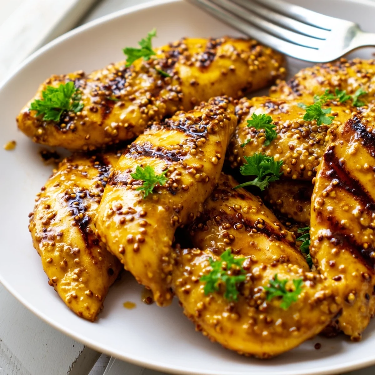 Golden grilled honey mustard chicken with caramelized grill marks on a rustic plate