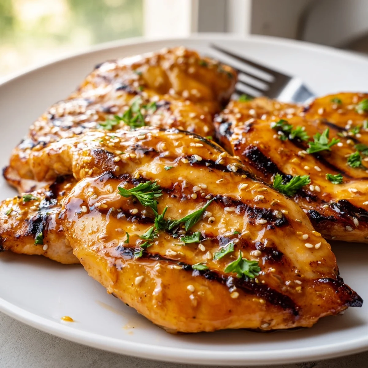 Close-up of perfectly charred grilled honey mustard chicken basted in glossy sweet tangy sauce
