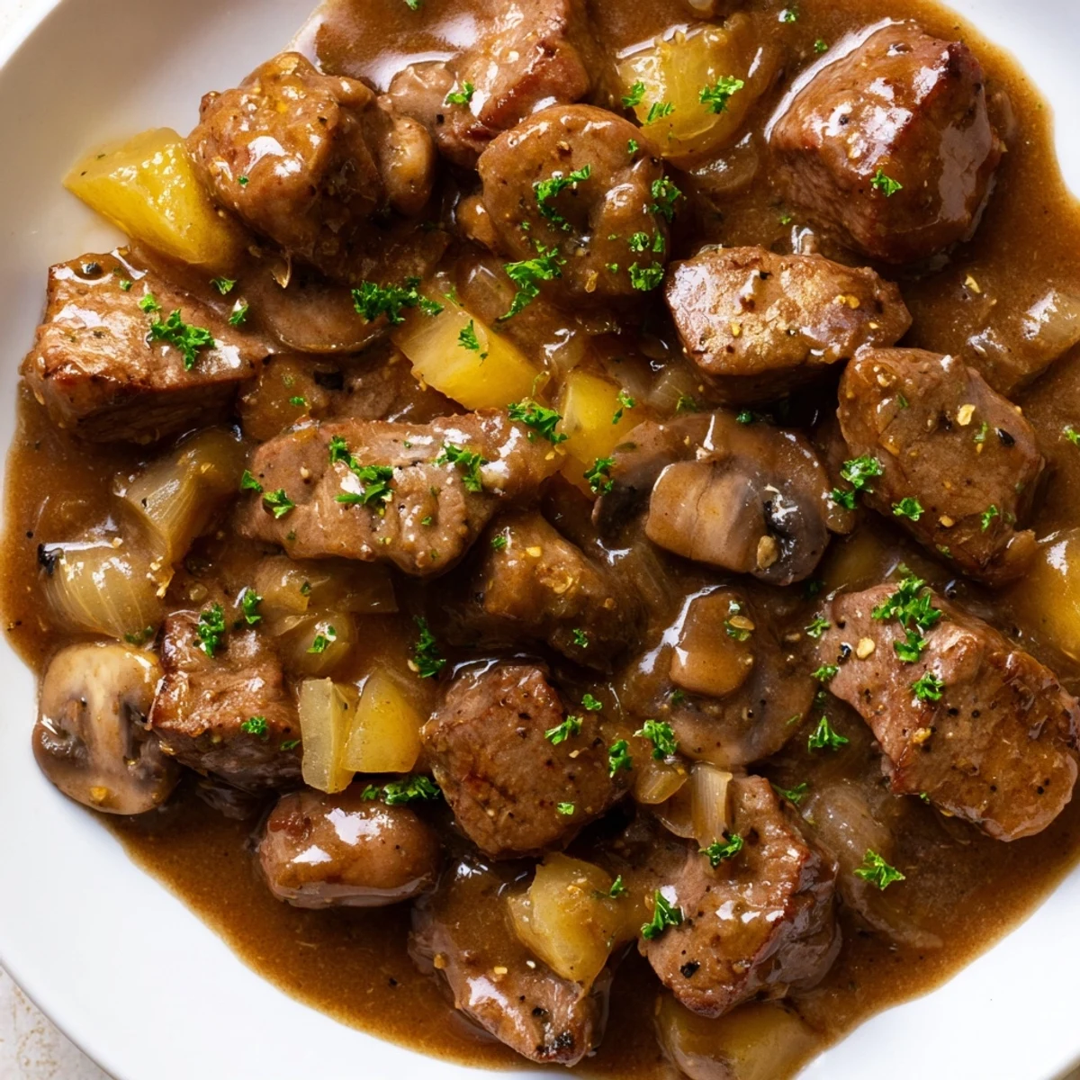 Tender weeknight steak tips and gravy smothered over creamy mashed potatoes