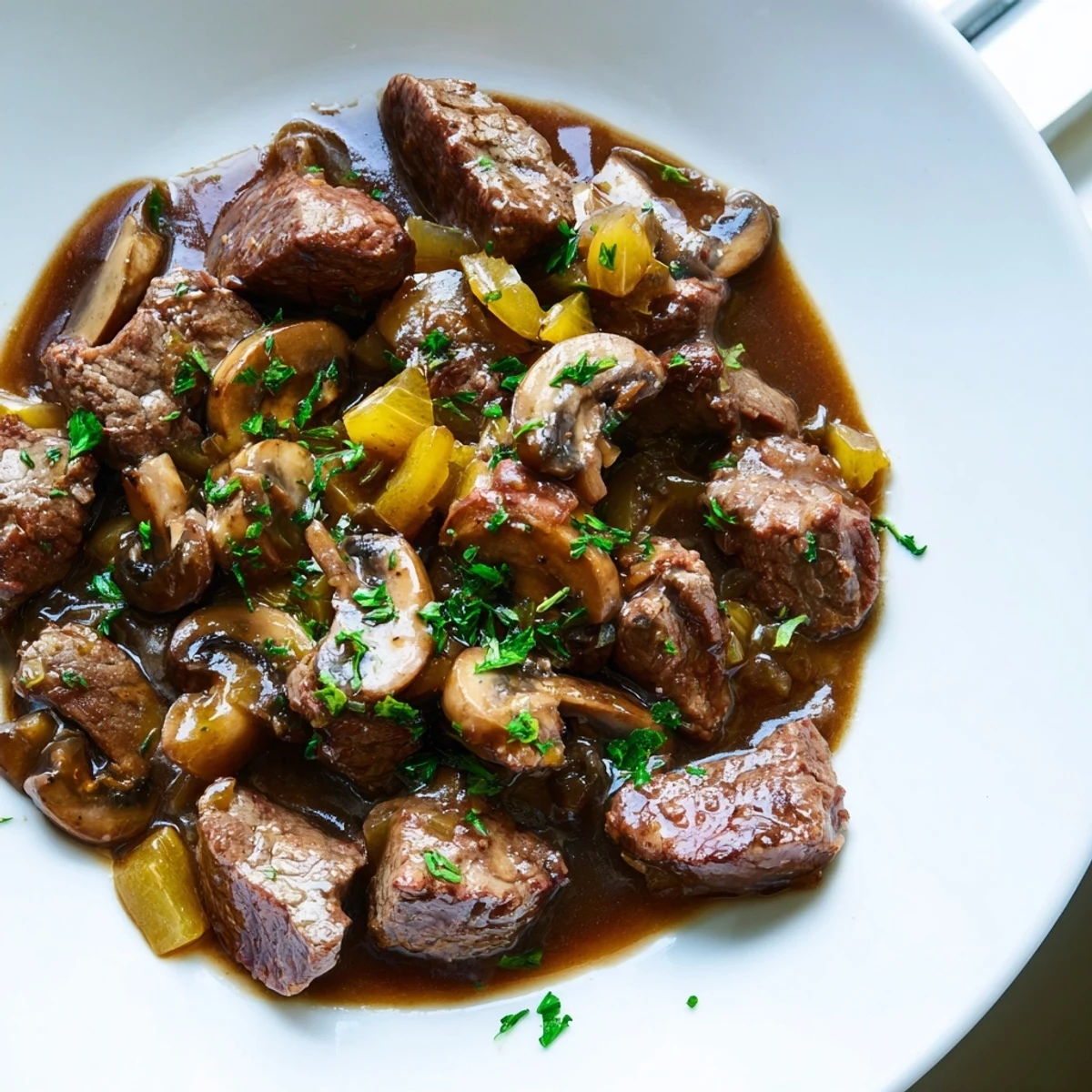Juicy steak tips and gravy in a rich brown sauce with fresh parsley