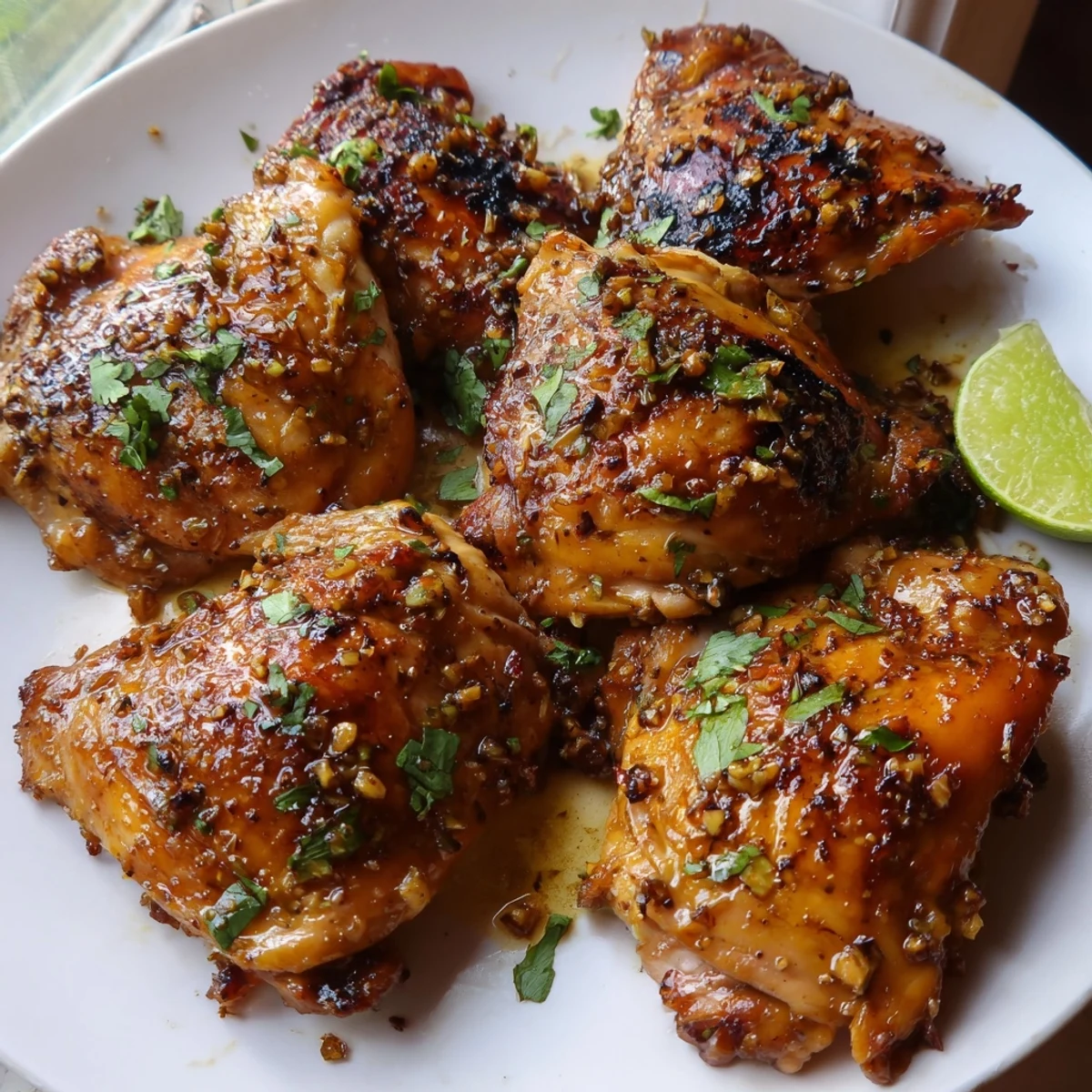 Golden Cuban Mojo Chicken Thighs with crispy skin on a rustic baking sheet