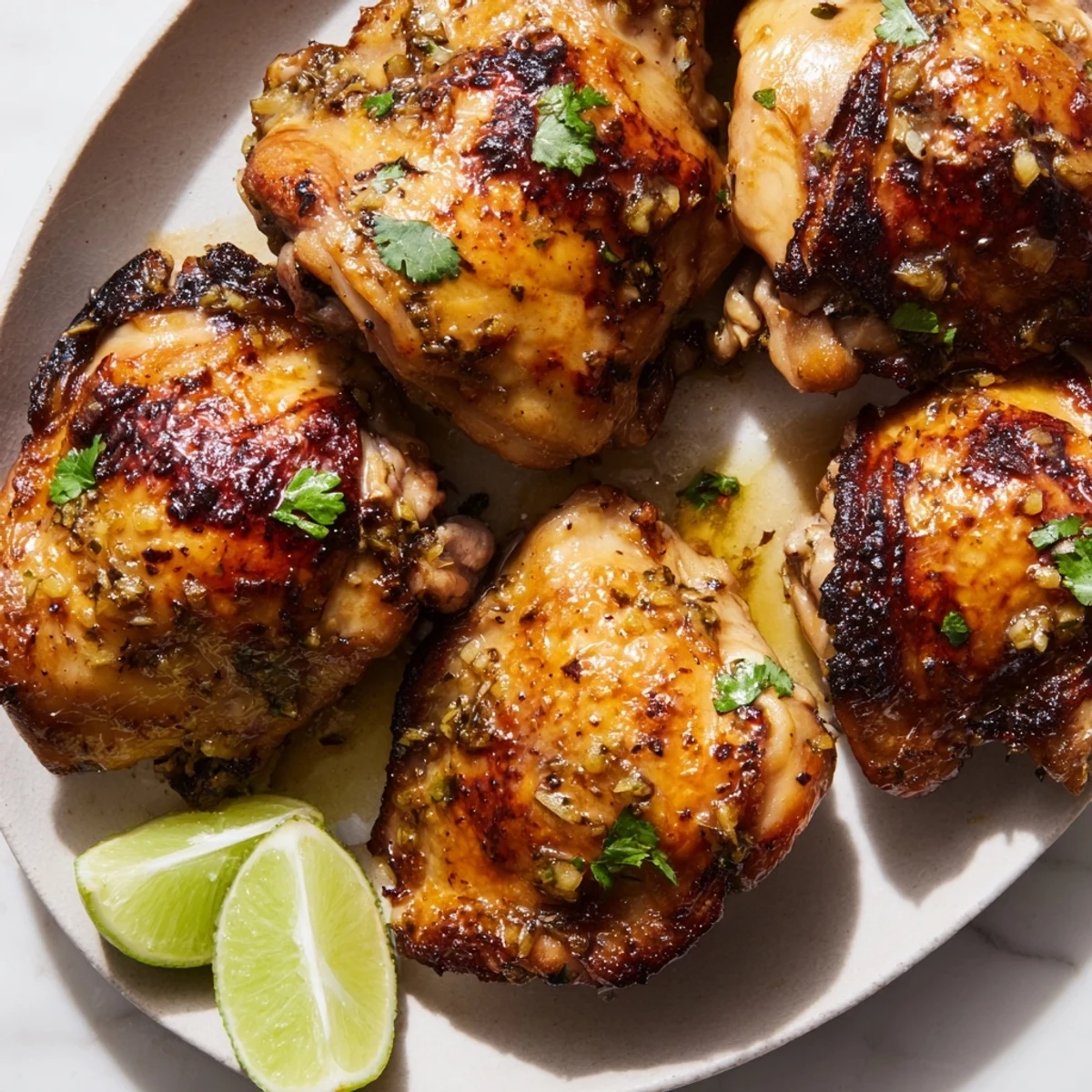 Juicy Cuban Mojo Chicken Thighs garnished with fresh cilantro and lime wedges