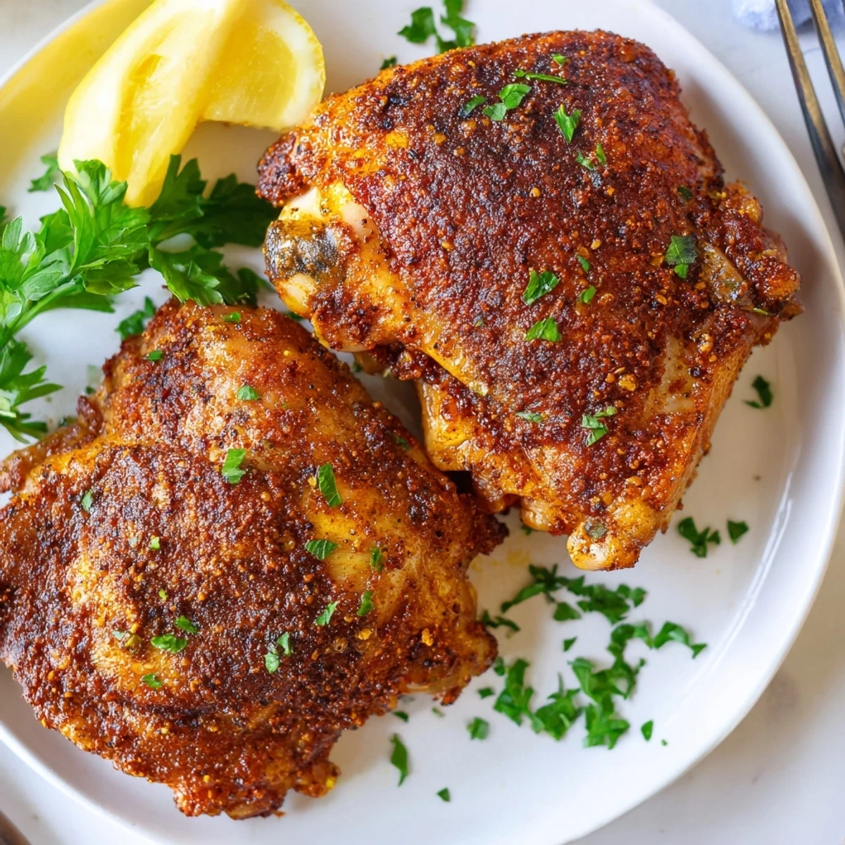 Crispy golden Old Bay chicken thighs roasted on a sheet pan with herb garnish