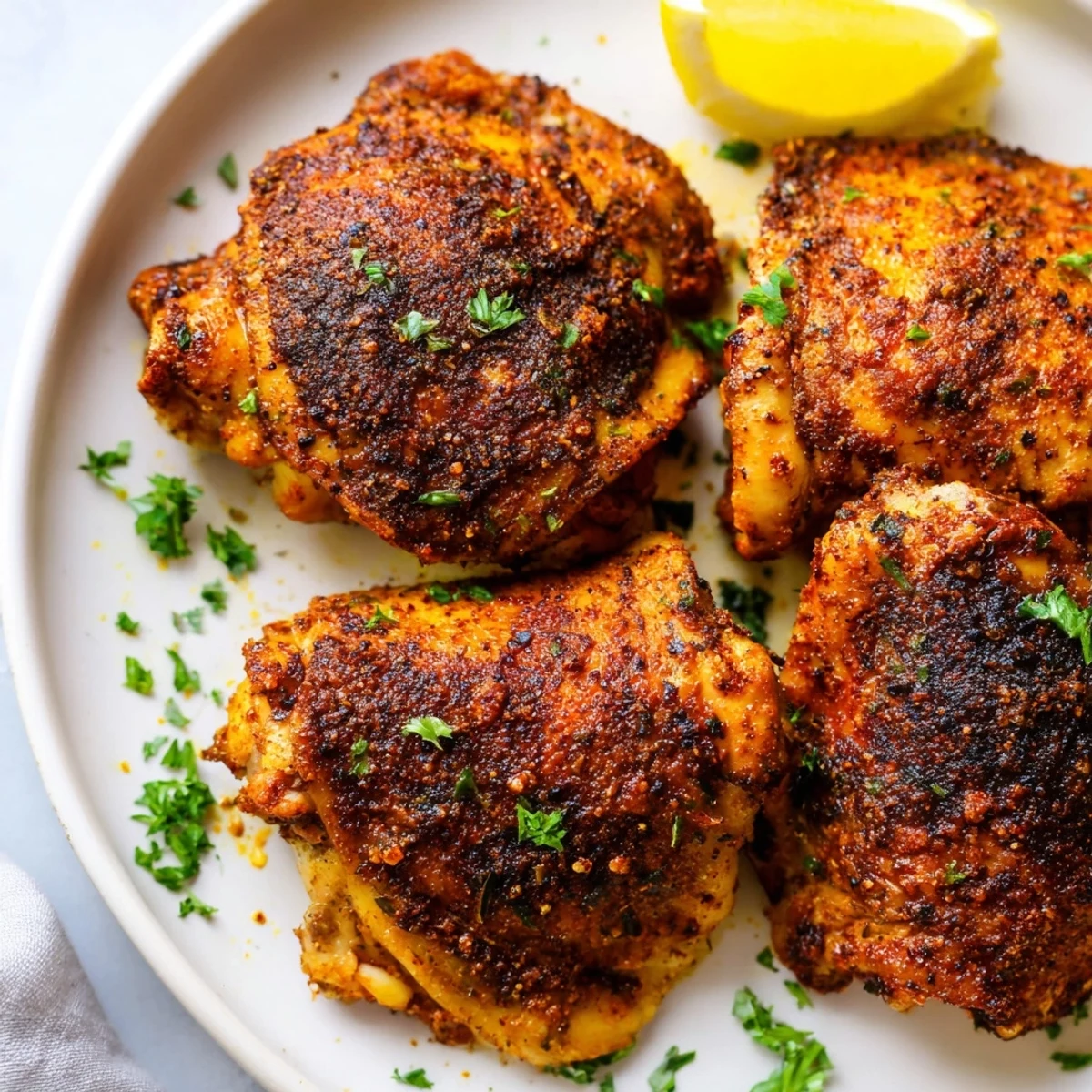 Juicy Old Bay chicken thighs glistening with spice and fresh lemon wedges nearby