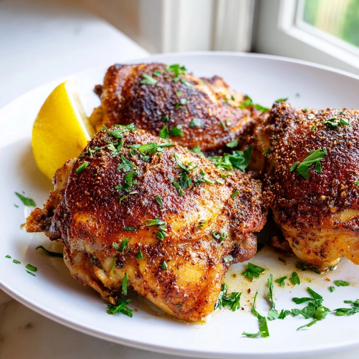 Perfectly roasted Old Bay chicken thighs with crispy skin on a parchment-lined baking sheet