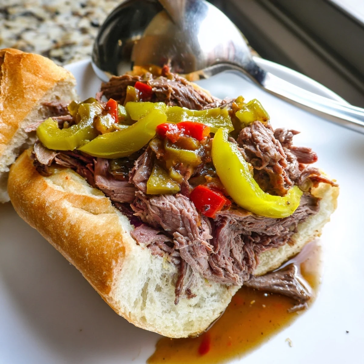 Juicy Chicago Style Italian Beef sandwich dripping with savory au jus and topped with spicy giardiniera on a crusty roll