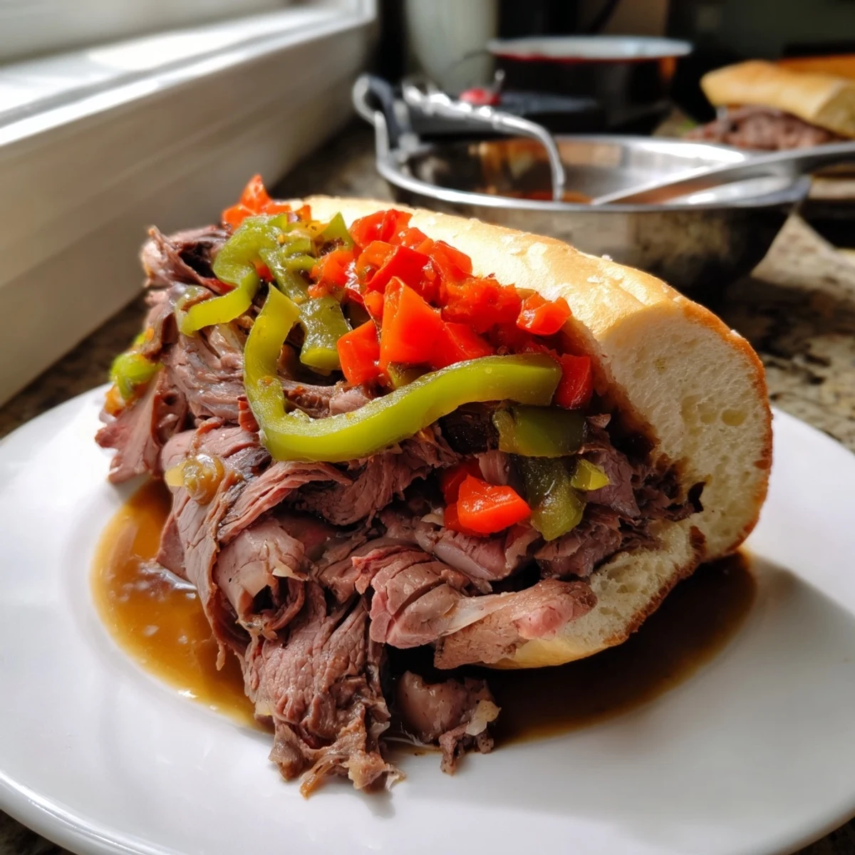 Thinly sliced Chicago Style Italian Beef piled high on a toasted French roll with sweet roasted peppers