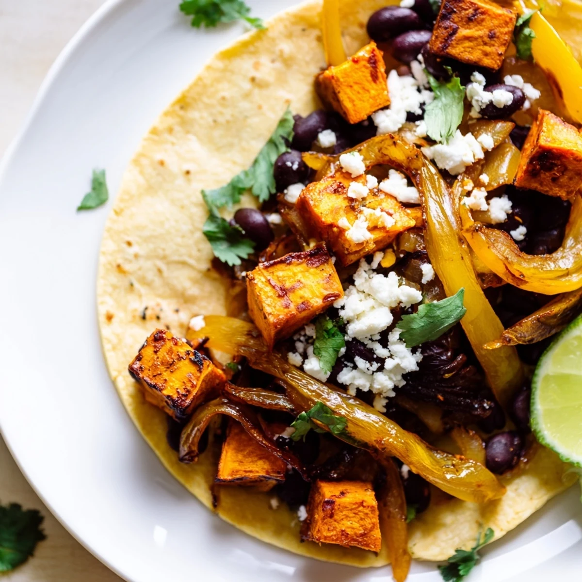 Crispy sweet potato bean tacos topped with golden sautéed onions and fresh cilantro on warm corn tortillas