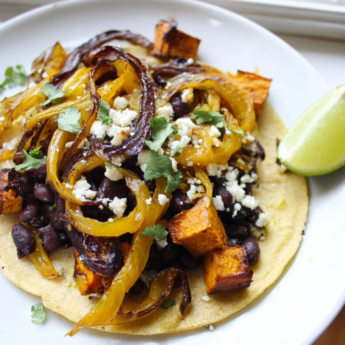 Warm tortillas loaded with roasted crispy sweet potato bean tacos drizzled with zesty lime juice
