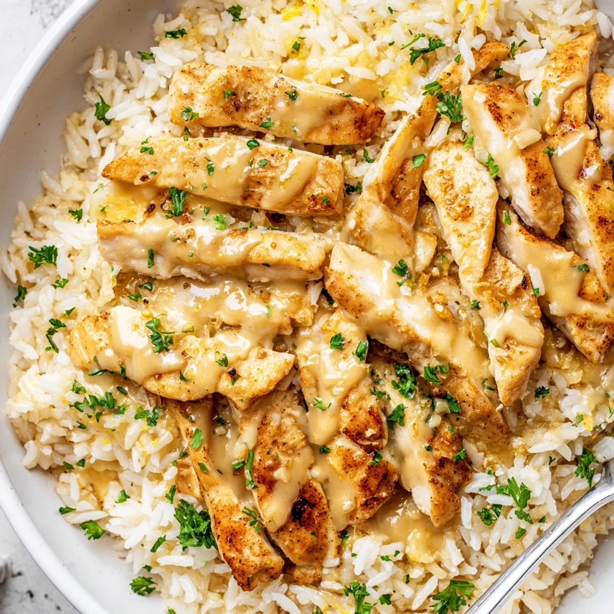 Golden chicken scampi with garlic parmesan rice served in a buttery lemon herb sauce