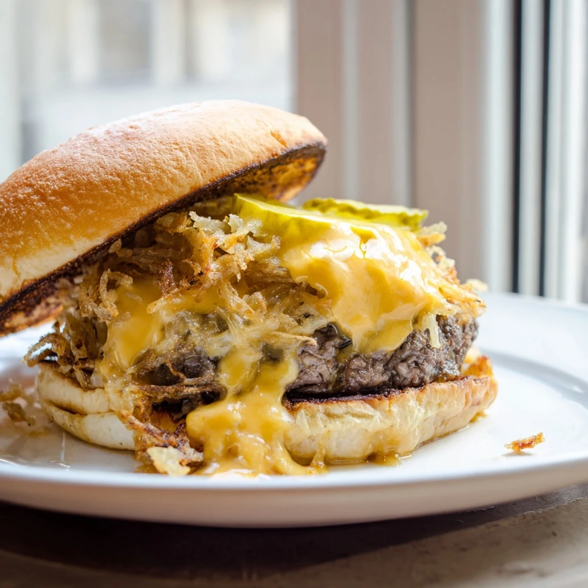 Crispy hash brown smash burgers with melty cheddar on a toasted bun