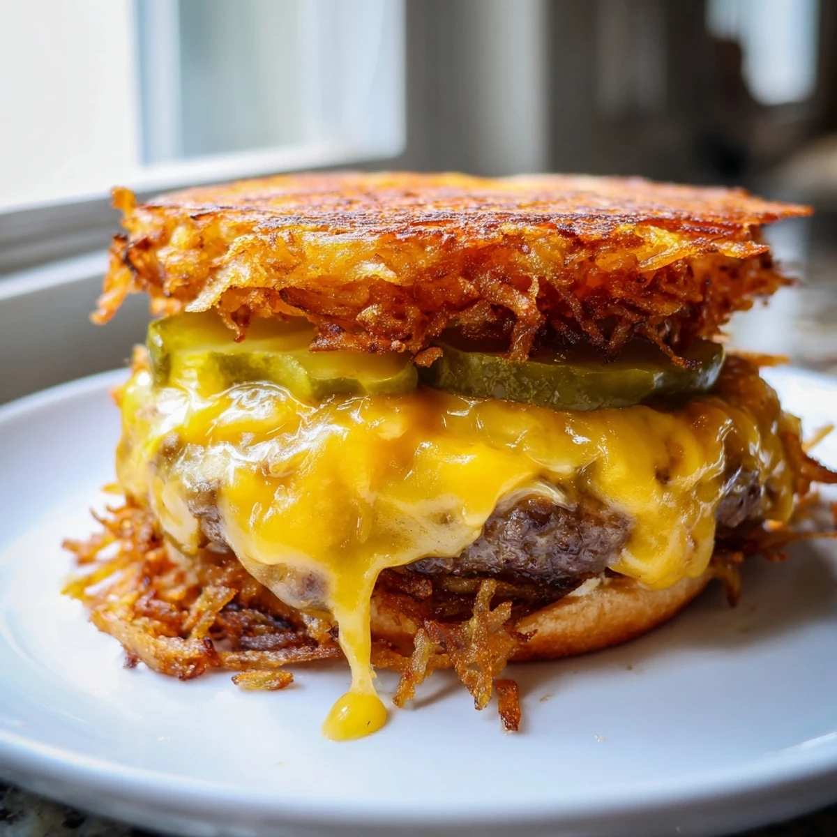 Golden hash brown smash burgers stacked with pickles, lettuce, and tomato