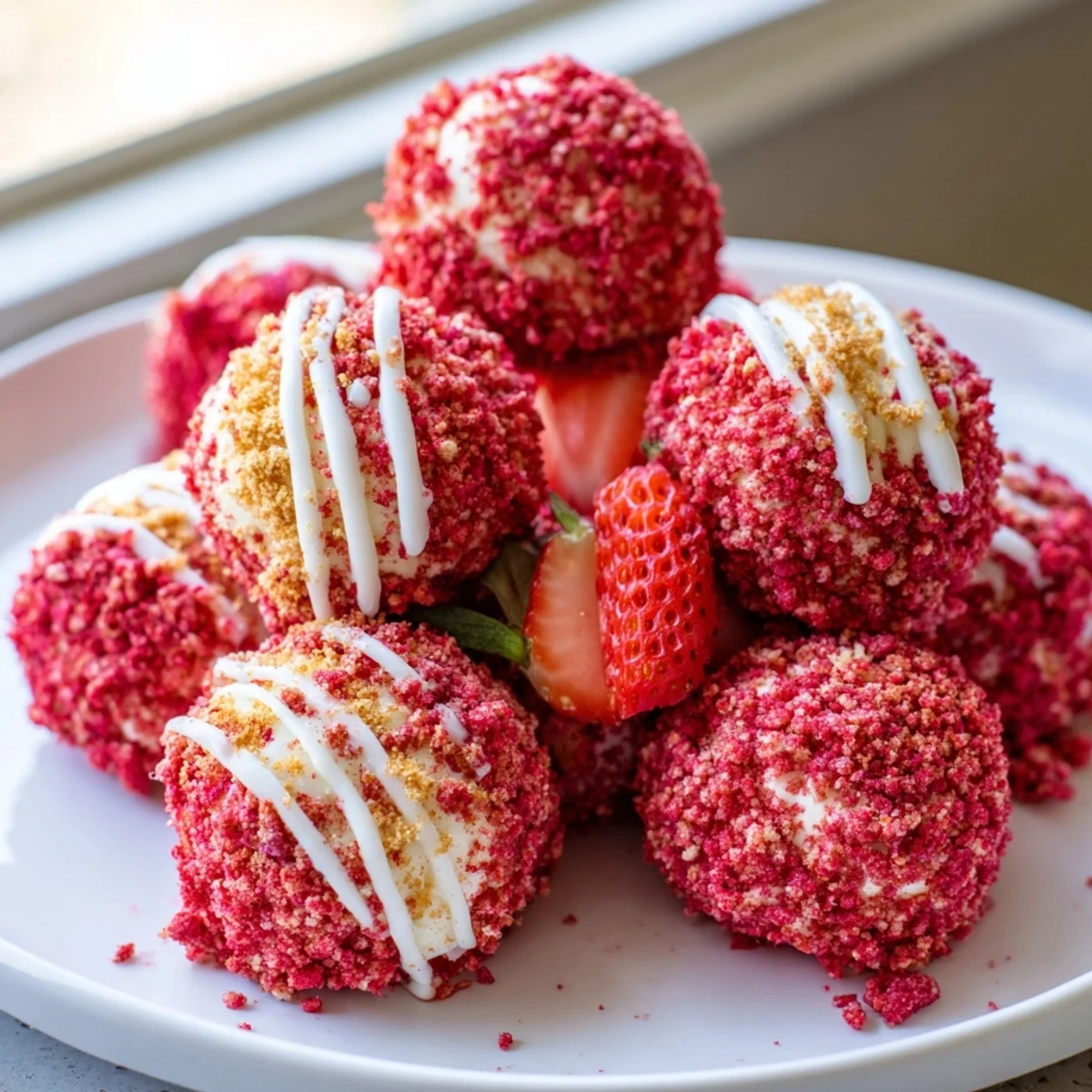 Creamy Strawberry Crunch Cheesecake Bites coated in vibrant pink strawberry cookie crumbs on a parchment-lined tray