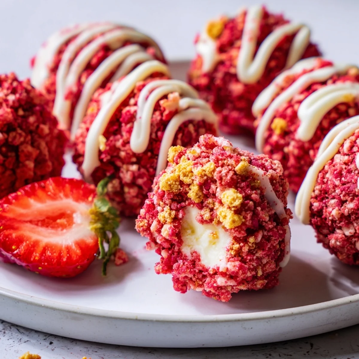Golden-crusted Strawberry Crunch Cheesecake Bites drizzled with white chocolate and topped with fresh strawberry slices
