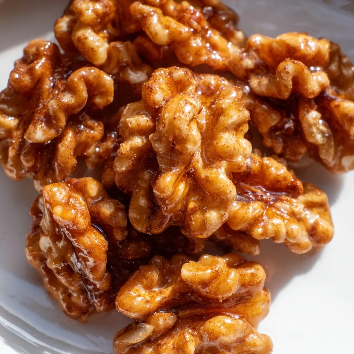 Crunchy maple cinnamon walnuts piled in a rustic bowl for holiday snacking